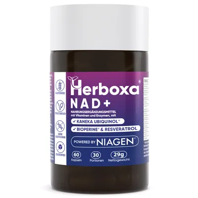 Produktbild von Herboxa NAD+ /Nicotinamid Riboside/NIAGEN patentierte Formel, mit KANEKA (CoQ10) & Vitamin B12, welches die Reduzierung von Müdigkeit unterstützt