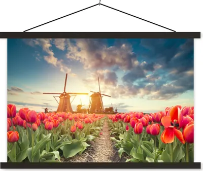 Produktbild von MuchoWow® Textilposter Windmühle - Blumen - Sonne 60x40 cm mit schwarzem Rahmen - Hölzernes