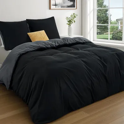 Zdjęcie produktu dla Pościel 200x200 cm, czarno-szara, z zamkiem błyskawicznym, do sypialni, 2 poszewki 80x80 cm