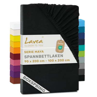 Produktbild von Lavea® Spannbettlaken 90-100x200 cm - Boxspringbett, Jersey, 40 cm Steghöhe, 100% Baumwolle, weich, atmungsaktiv, pflegeleicht, formstabil - Schwarz