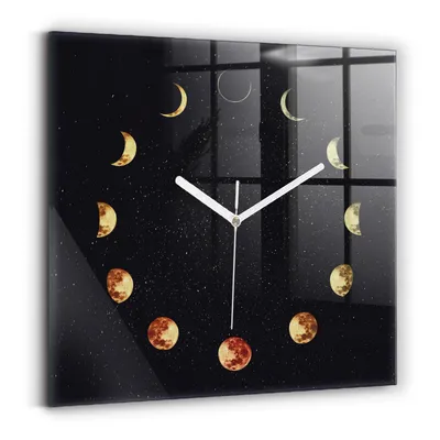 Produktbild von Wallfluent Wanduhr – Stilles Quarzuhrwerk - Uhr Dekoration Wohnzimmer Schlafzimmer Küche - weiße Zeiger - 30x30 cm - Mondphasen