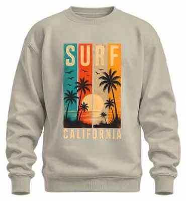 Zdjęcie produktu dla Bluza z kapturem "Surf California", motyw: plaża, palmy, zachód słońca, lato, surfing, naturalne barwy, rozmiar XL