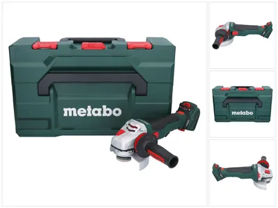 A collage of images showing a Metabo angle grinder and its case.