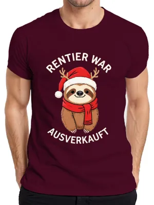 Productafbeelding van Rentier, luiaard, kerst, grappig, cadeau, heren T-shirt, bordeauxrood, maat L