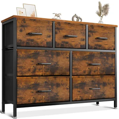 Obrázek produktu pro Komoda se 7 zásuvkami potaženými látkou, ocelový rám, nastavitelné nožky, rozměry 100 x 30 x 77 cm, vintage styl