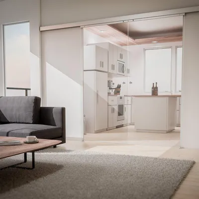 2-Flügelige, klare Glasschiebetür in modernem Wohnraum