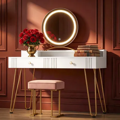 Produktbild von Fobyfurny Schminktisch mit Hocker und Beleuchtung, Frisiertisch mit Spiegel, 40×108×136 cm, Kosmetiktisch mit Schubladen, Rosa Gepolsterter Hocker