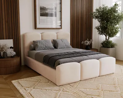 Image de BESILIO Lit rembourré 120x200 Camille – Lit avec rangement et sommier à lattes en bois – Beige