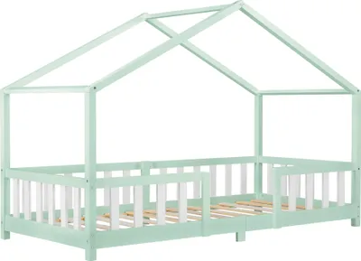 Obrázek produktu pro Dětská postýlka "Treviolo" v domácím vzhledu s ochranou proti vypadávání borovicového dřeva 90 x 200 cm mátově zelená / bílá