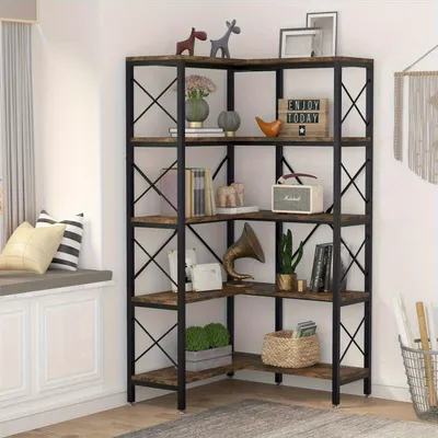 Image de Bibliothèque d'angle à 5 niveaux - Étagère d'angle - Rangement d'angle - Bibliothèque - Meuble de rangement - Marron rustique