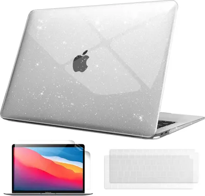 Produktbild von Fintie Hülle kompatibel mit MacBook Air 13 (2018-2020 Version) A2337(M1)/A2179/A1932, Ultradünne Hartschale Schutzhülle Snap Case + 2 Tastaturabdeckungen + 1 Displayschutzfolie, Transparent(Glitzer)