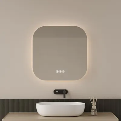 Image de EMKE Miroir de salle de bain LED 50 x 50 cm Miroir de salle de bain avec antibuée, 3 couleurs de lumière Miroir de salle de bain avec interrupteur tactile, miroir mural à intensité variable avec fonction mémoire