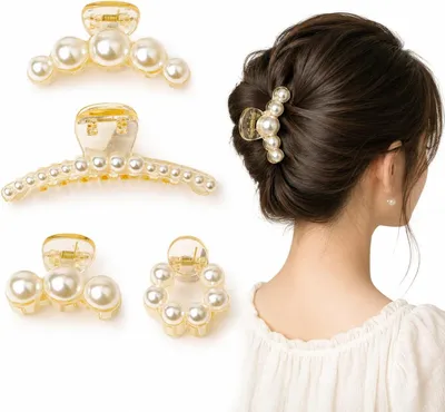 Imagen del producto de Juego de horquillas para el cabello, 4 unidades, de 4 a 11,5 cm, con perlas de plástico blancas, para mujeres