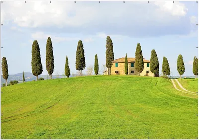 Produktbild von Wallario XXL Outdoor-Poster für Garten oder Balkon, Motiv Villa auf einem Hügel in der Toskana, in ca. 400 x 280 cm