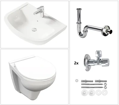 Produktbild von VIGOUR ONE Hänge Wand-WC mit SoftClose WC-Sitz und Waschtisch Set 60 cm mit Armatur und Zubehör