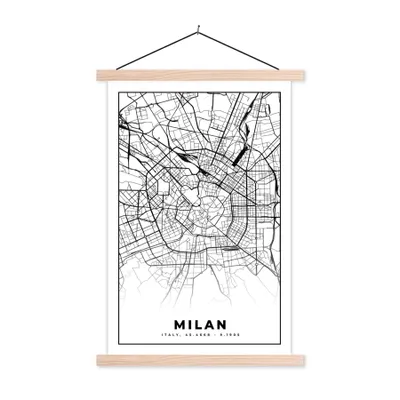 Produktbild von MuchoWow® Textilposter Mailand - Stadtplan - Schwarz und weiß - Karte 120x180 cm mit holzfarbenen Rahmen - Textil-Plakat