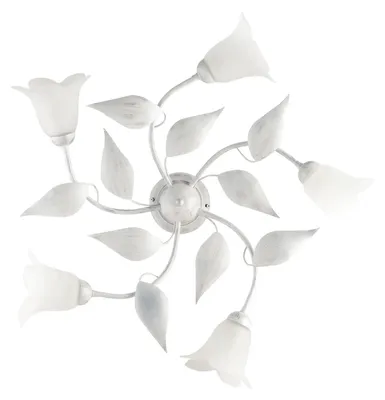 Image de Plafonnier Olga Fer Blanc, Déco Argent Antique, Verre Albâtre D.14, 5 Lumières D.70 Cm Lumière Diffuse Élégante