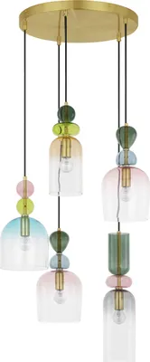 A multi-pendant light fixture with glass shades and decorative glass elements.