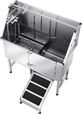 Zdjęcie produktu dla SucceBuy – stacja do mycia psów ze stali nierdzewnej, 1270 x 580 x 1495 mm, wanna do pielęgnacji zwierząt z rampą, płytą filtrującą wodę, kranem, głowicą prysznicową i uchwytem na mydło, odpowiednia dla zwierząt domowych różnej wielkości (drzwi po prawej stronie)
