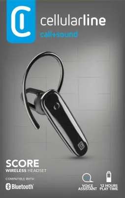 A product shot of a black wireless headset with branding and feature callouts.