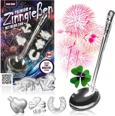 Produktbild von com-four® Zinngießen mit 5 schweren Figuren und 1 Löffel, Silvestergießen das Wahrsagerei-Partyspiel die gesunde Alternative zum Bleigießen