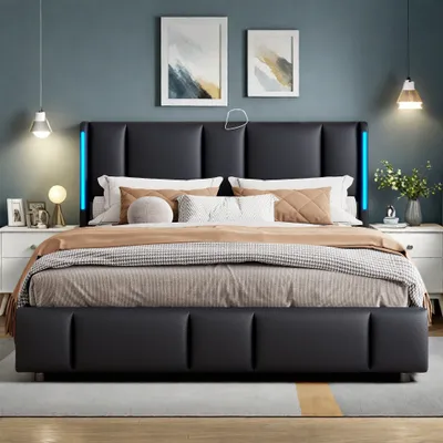 Produktbild von UnboxG Polsterbett Doppelbett 140x200 cm mit Stauraum Bettkasten und USB Typ C Ladefunktion Kopfteil,Jugendbett mit LED, Hydraulisches Stauraumbett Doppelbett, PU, Schwarz