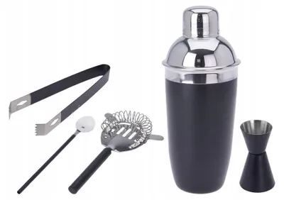Zdjęcie produktu dla Koopman-Excellent Houseware zestaw shakerów i akcesoriów barowych, stal nierdzewna, czarny/srebrny