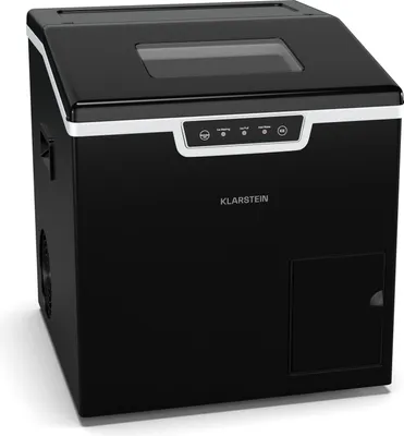 A black Klarstein ice maker is shown from a three-quarter front angle against a white background.