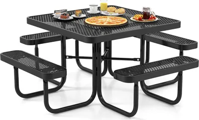 Produktbild von COSTWAY Sitzgarnitur für 8 Personen, Picknicktisch mit Schirmloch & 4 Bänken, quadratischer Gartentisch Metall, Gartenmöbel Schwarz