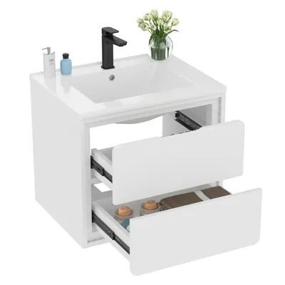 Immagine prodotto di Mobiletti da bagno sospesi, completamente laccati, illuminazione a LED con sensore radar, lavabo integrato, bianco