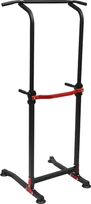 Obrázok produktu pre Nastaviteľná tréningová stanica – stojan na kliky s hrazdou – samostatná – výška 165–210 cm, 10 polôh – maximálna nosnosť 150 kg – vhodná na cviky ako hrazdy, kliky a zdvihy nôh – čierna