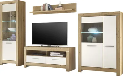 Produktbild von Wohnwand - Artisan Eiche Nachbildung - Weiß matt - 4-teilig - mit LED-Beleuchtung
