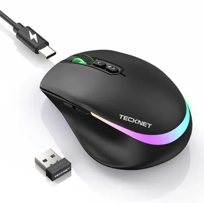 Produktbild von TECKNET Kabellose Maus mit Jiggler, 4800 DPI Wiederaufladbar Ergonomische Maus, 6 DPI-Einstellungen & LED-Beleuchtung, 2,4G USB Maus Kabellos, Leise Funkmaus für Laptop PC Computer Windows, Schwarz