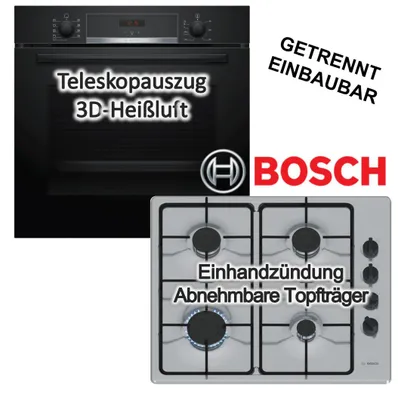 Produktbild von Herdset BOSCH Einbaubackofen Hydrolyse 3D-Heißluft Teleskopauszug + Gaskochfeld 4 Brenner Starkbrenner