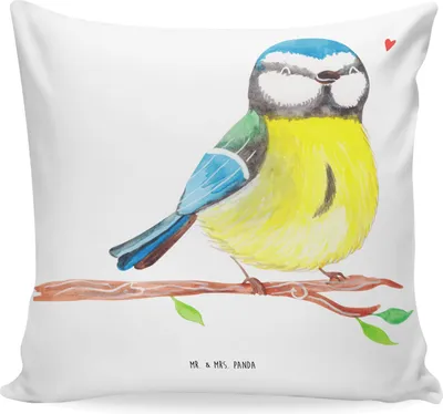 Produktbild von Mr. & Mrs. Panda Deko Kissen Vogel Blaumeise - Weiß - Geschenk, Frühling, Liebe Grüße, Osterhase, für sofa, Ostern, bedruckt, Kuschel, couch, kuschelkissen 40x40, zier