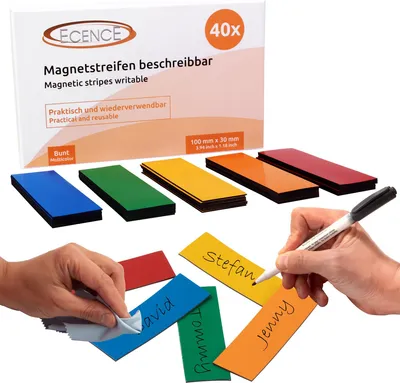 Produktbild von ECENCE 40 Magnetstreifen beschreibbar - 100mmx30mm bunt - zuschneidbare Haftstreifen - abwischbare