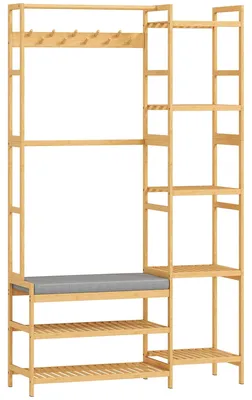 Zdjęcie produktu dla Wieszak na ubrania z półką na buty i siedziskiem | Kolor: brązowy + szary | Wymiary: 104x33x175 cm