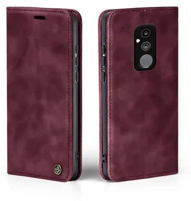 A burgundy flip case for a smartphone, shown from the front and back.