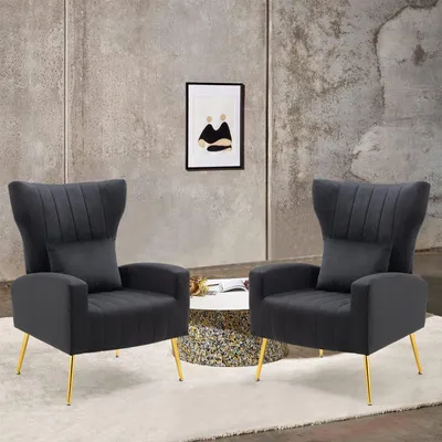 Image de Lot de 2 fauteuils d'accent modernes en velours, avec coussin lombaire