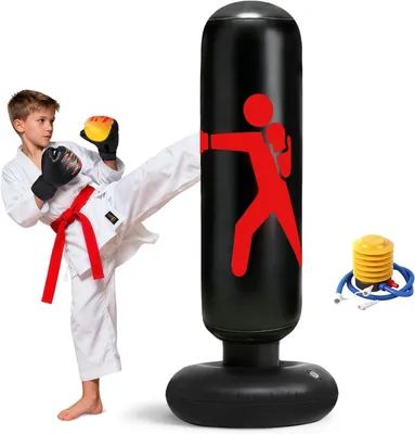 Produktbild von Boxsack Kinder 3+Jahre für Jungen & Mädchen, Aufblasbarer Standboxsack mit Boxhandschuh, Dickes Stabile 120CM Großer Punching Bag zum Üben von Karate