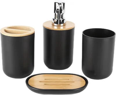 Image de Ensemble d'accessoires de salle de bain, 4 pièces, noir : distributeur de savon, porte-brosses à dents, gobelet, et savonnette. Idéal pour la salle de bain