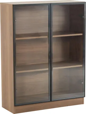 Produktbild von Flieks Glasvitrine mit LED-Beleuchtung, Vitrinenschrank mit 3-stufigen Einlegeböden, Sammlervitrine 80x32x106 cm, walnussfarben