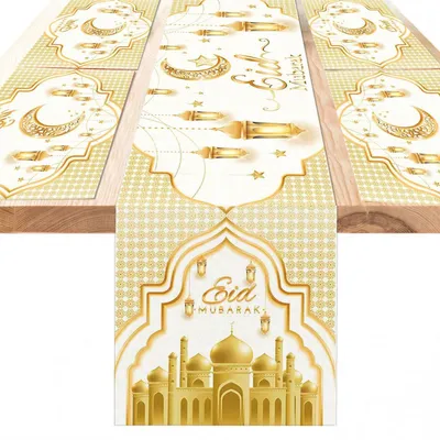 Produktbild von Tischläufer und Platzsets Eid Mubarak 5er Set Weiß-Gold Stoff Waschbar Ramadan Deko