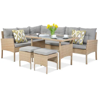 Produktbild von BEAUTYSOFA | CALISTA Gartenmöbel Set Beige – Gartenlounge, Sitzgruppe mit 3-Sitzer Sofa, 2 Sesseln, 2 Hockern & Gartentisch, Set für 7 Personen