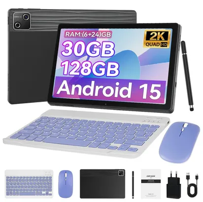 Obrázek produktu pro 10palcový tablet s Androidem 15, 30 GB (6 + 24 virtuální) RAM, 128 GB ROM, osmijádrový procesor, Wi-Fi, HD 1280×800 s bezdrátovou klávesnicí, myší a stylusem