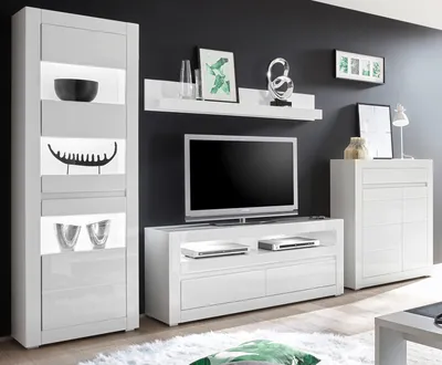Produktbild von Wohnwand "Nobile" in Hochglanz weiß und grau Anbauwand mit Soft-Close 4-teilig 336 x 198 cm