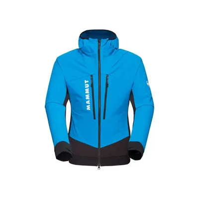 Aenergy SO Hybrid Hooded Jacket für Herren von Mammut in Blau mit schwarzem unteren Teil und Reißverschlusstasche.