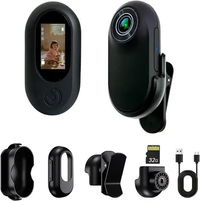 Zdjęcie produktu dla Kieszonkowa kamera do vlogów – przenośna kamera do wędrówek, wędkowania i podróży – czarna – 32 GB
