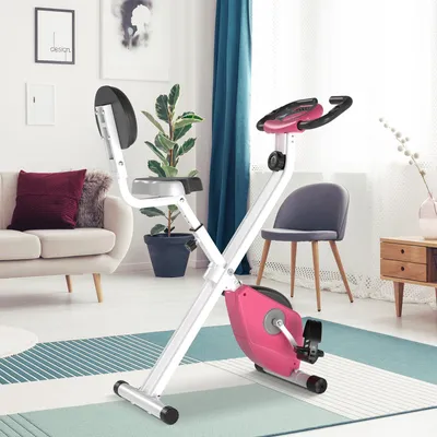 Produktbild von Heimtrainer Fahrrad klappbar mit Magnetbremssystem bis 110kg, Fitnessbike mit Rückenlehne, 8 Widerstandsstufen, LCD-Display & Pulssensoren, Rosa