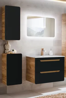 Produktbild von Badezimmermöbel Set in seidenmatt anthrazit mit Wotan Eiche Nb. NEW-LUTON mit 81 cm Keramik-Waschtisch & LED-Spiegel, B/H/T ca. 130/200/46 cm